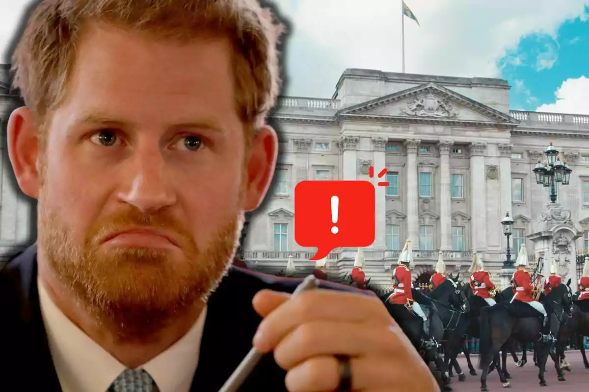 Prince Harry with a serious expression in the foreground and, in the background, a historic building with mounted guards and a red warning icon.