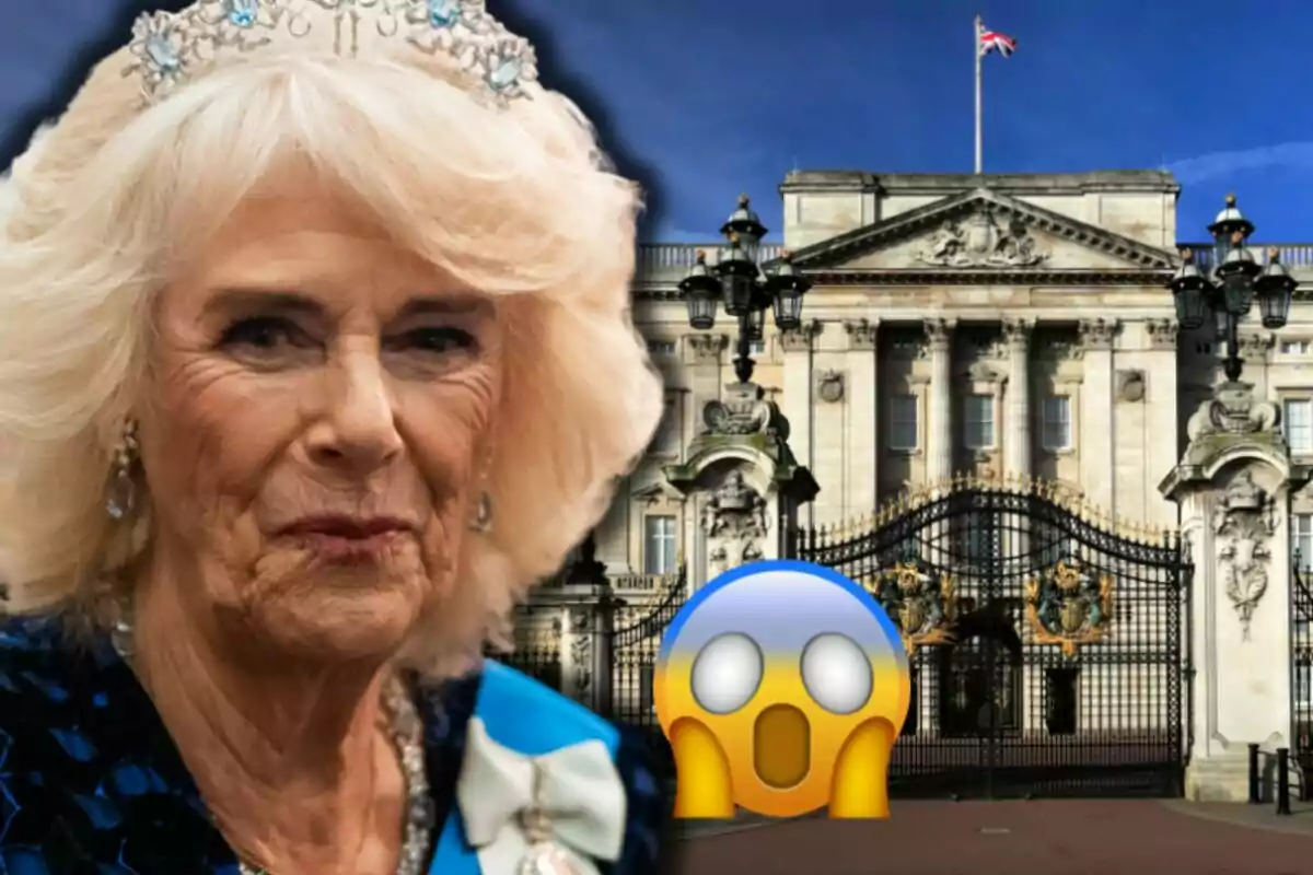 La reina Camila amb corona davant d’un palau amb una bandera britànica i un emoji de sorpresa