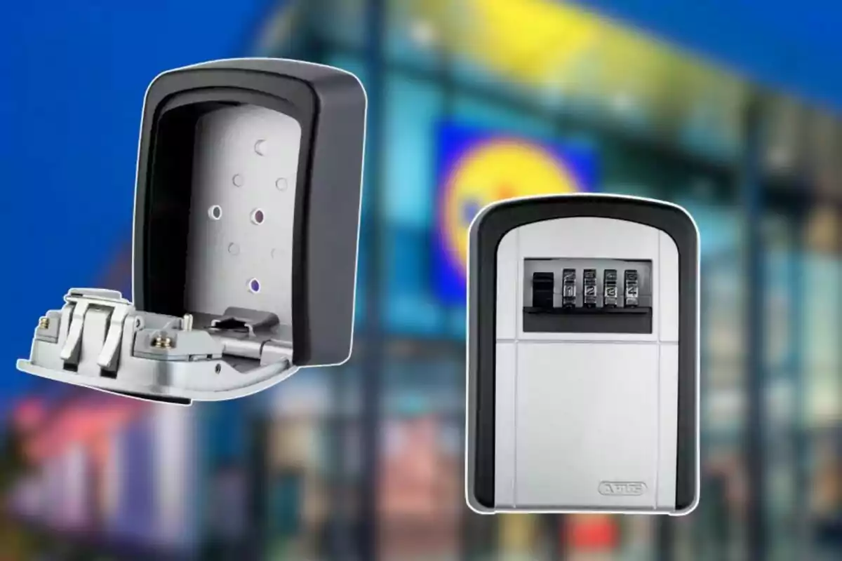 Two metal safes with combination locks against a blurred store background Two metal safes with combination locks against a blurred store background