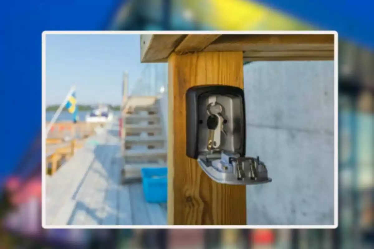 Open metal safe with keys hanging on a wooden post on a dock Open metal safe with keys hanging on a wooden post on a dock