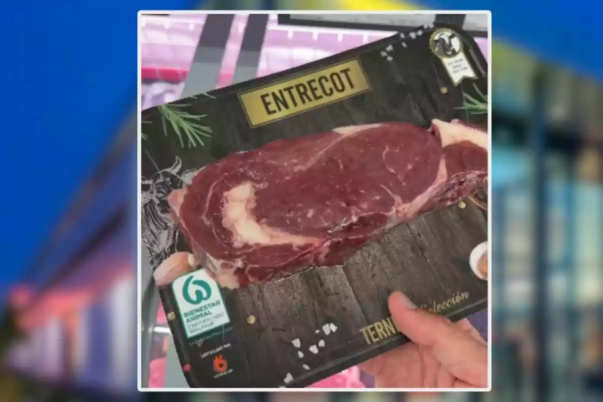 Persona sosteniendo un paquete de entrecot de ternera envasado Persona sosteniendo un paquete de entrecot de ternera envasado