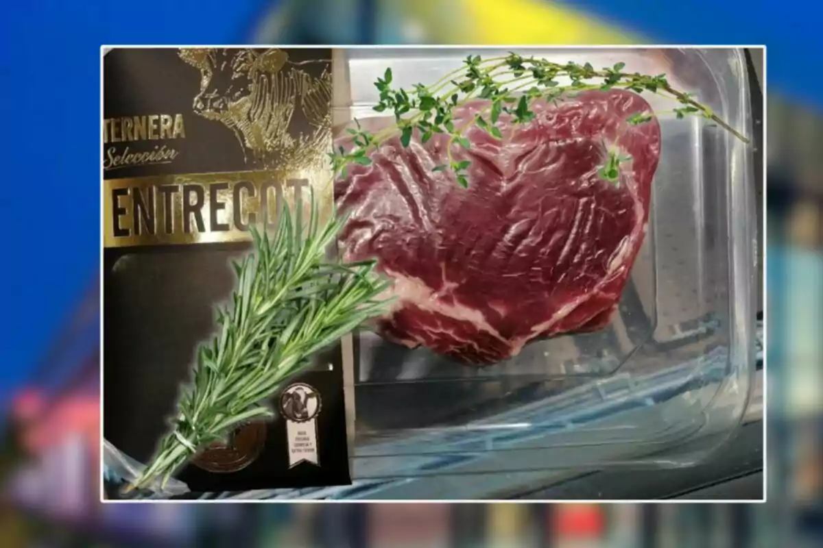 Bandeja de entrecot de ternera crudo acompañado de ramas de romero y tomillo frescos Bandeja de entrecot de ternera crudo acompañado de ramas de romero y tomillo frescos