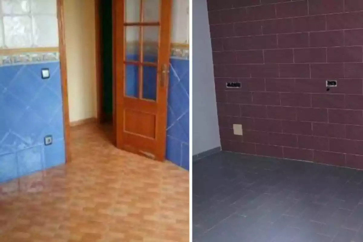Comparació de dues habitacions buides amb diferents estils de rajoles a les parets i als terres Comparació de dues habitacions buides amb diferents estils de rajoles a les parets i als terres