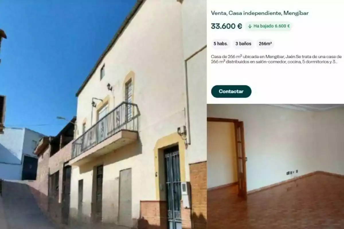 Casa en venda a Mengíbar amb façana blanca, balcó de ferro, porta i finestres a la planta baixa, juntament amb una imatge de l’interior que mostra una habitació buida amb terra de parquet i una porta de fusta, a més d’informació sobre el preu, metres quadrats i nombre d’habitacions i banys. Casa en venda a Mengíbar amb façana blanca, balcó de ferro, porta i finestres a la planta baixa, juntament amb una imatge de l’interior que mostra una habitació buida amb terra de parquet i una porta de fusta, a més d’informació sobre el preu, metres quadrats i nombre d’habitacions i banys.