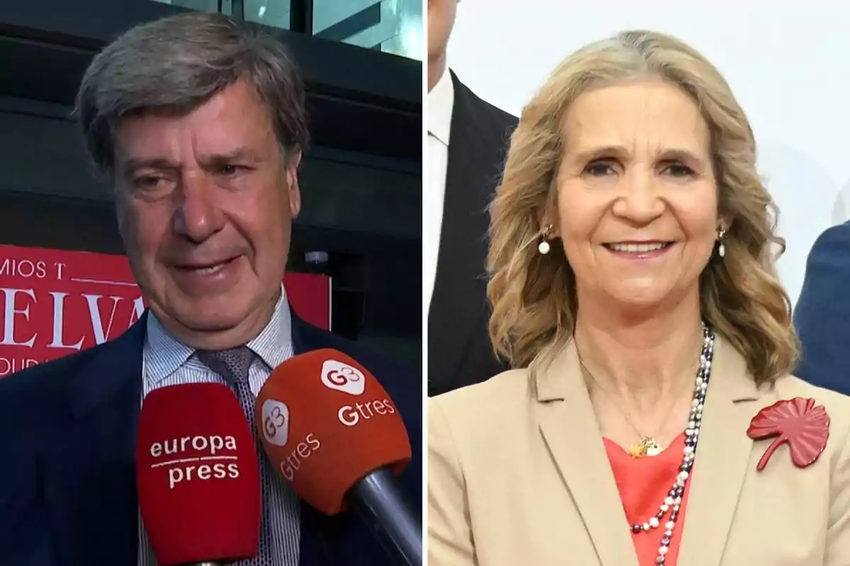 Cayetano Martínez de Irujo amb vestit i corbata és entrevistat per diversos micròfons mentre la infanta Elena somriu vestida amb un conjunt beix i un fermall vermell. Cayetano Martínez de Irujo amb vestit i corbata és entrevistat per diversos micròfons mentre la infanta Elena somriu vestida amb un conjunt beix i un fermall vermell.