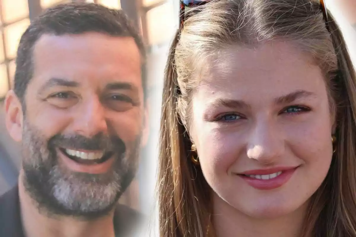 Montaje de fotos de primer plano de la princesa Leonor y Jaime Anglada, ambos sonrientes.