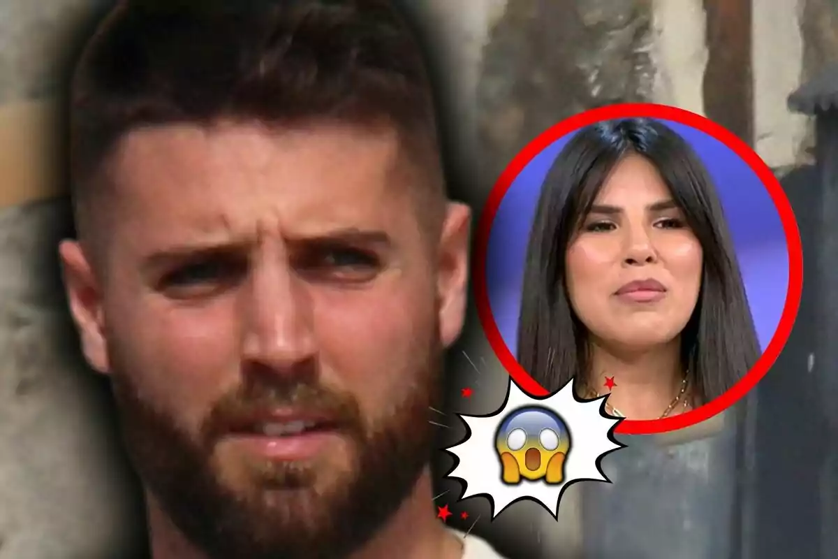 Montaje de fotos de primer plano de David Rodríguez e Isa Pantoja, ambos con rostro serio y con un emoji de sorpresa entre ellos.