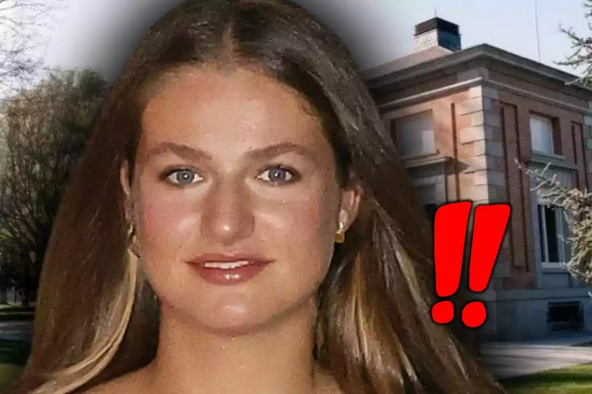 Montaje de fotos de primer plano de Leonor de Borbón con rostro feliz y, de fondo, una imagen del palacio de la Zarzuela de fondo con emojis rojos al lado.