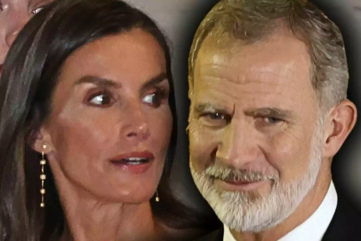 Close-up photo montage of Queen Letizia with a neutral expression and King Felipe with a smiling face.