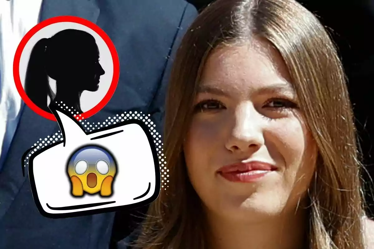 Montaje de fotos de la infanta Sofía en primer plano sonriente mientras en la esquina superior izquierda aparece un círculo rojo con la silueta de una mujer y un globo de diálogo con un emoji de sorpresa.