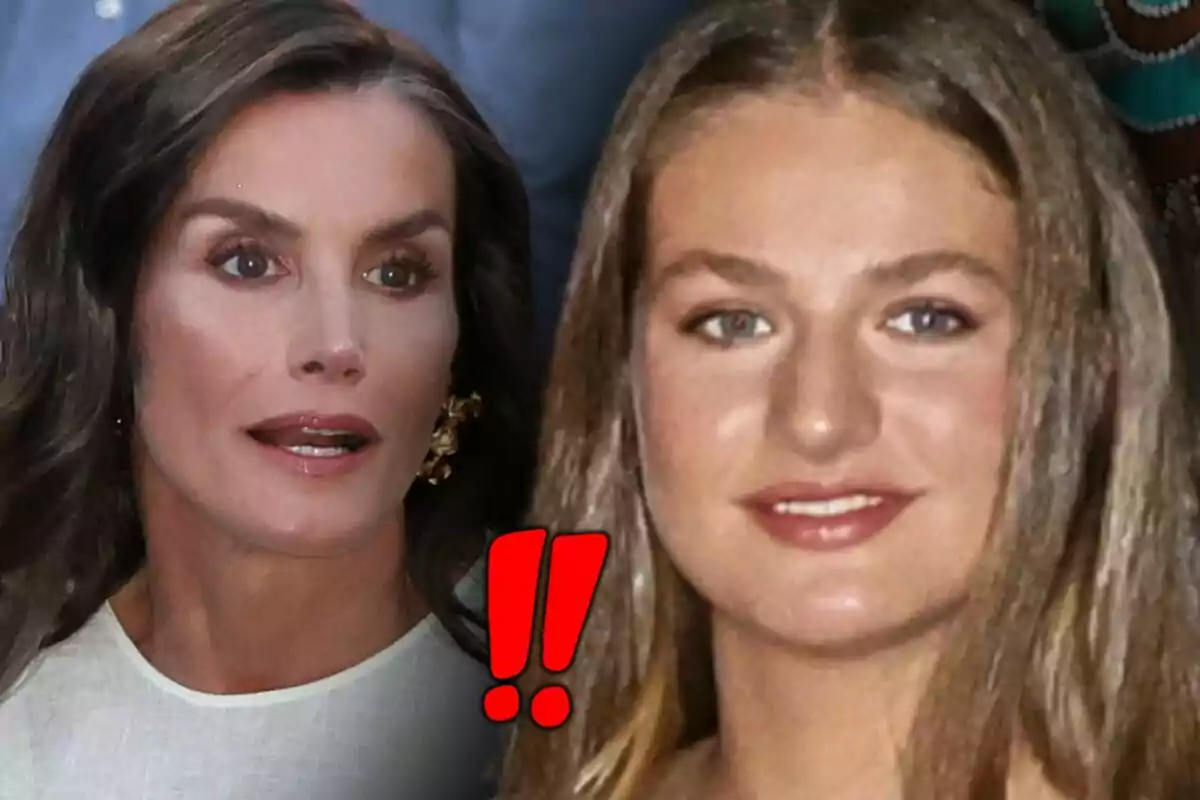 Dues dones de cabell castany, que són Letícia Ortiz i Leonor de Borbó, apareixen en primer pla amb un parell de signes d’exclamació vermells entre elles.