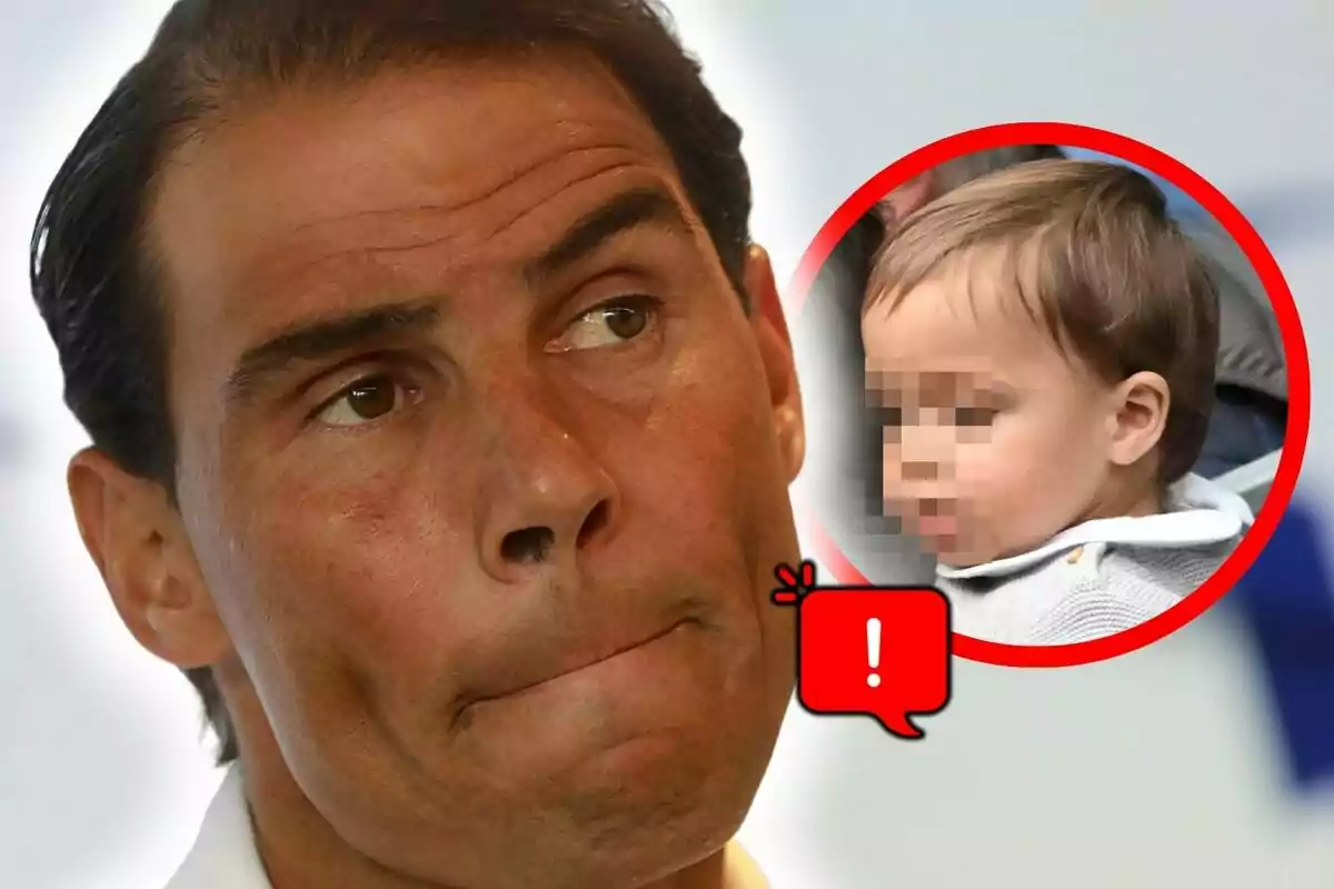 Rafa Nadal amb rostre pensatiu en primer pla amb un cercle vermell que mostra un nen petit amb el rostre pixelat i una icona d’advertència, que és el seu primogènit.