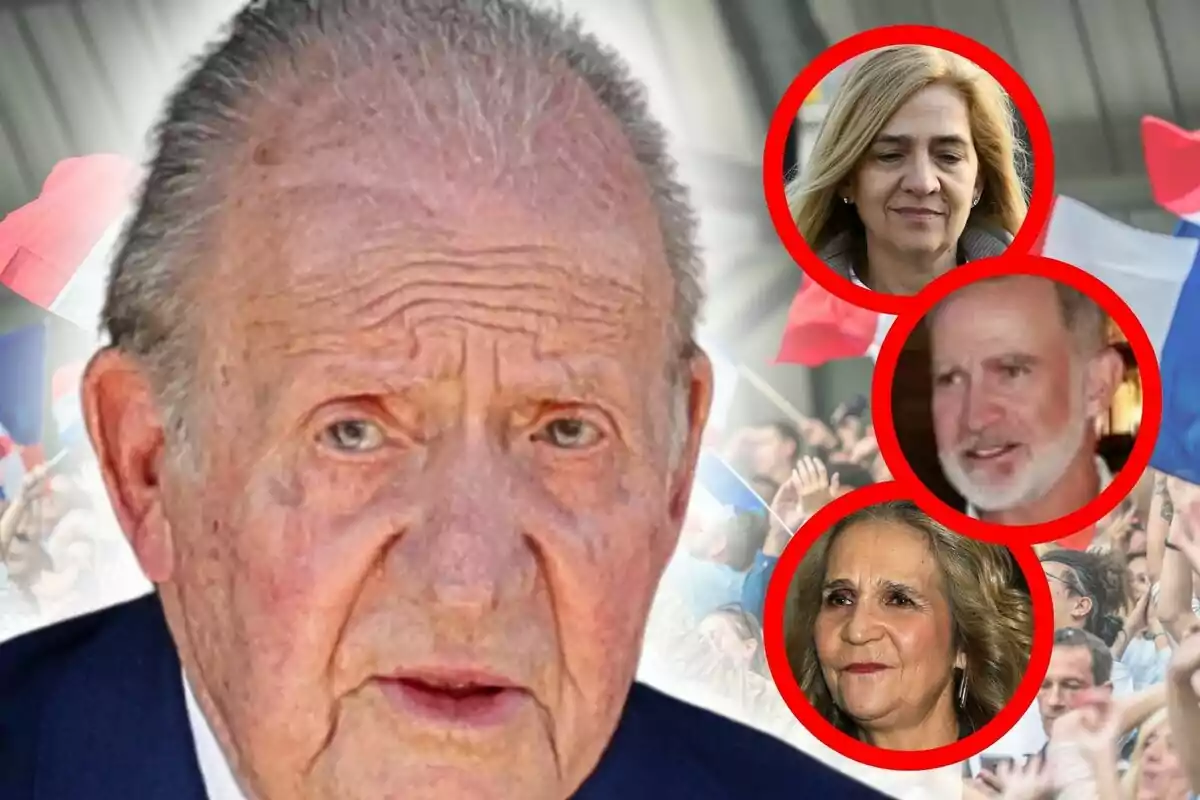 Joan Carles I en primer pla amb expressió seriosa i tres persones en cercles vermells al fons sobre un grup de persones —que són els seus tres fills— amb banderes de França de fons.