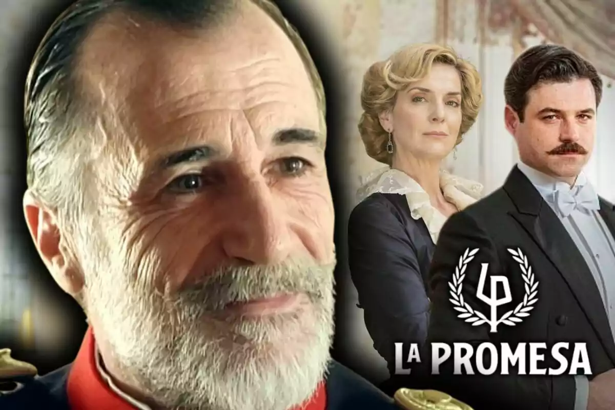 Tres personatges de la sèrie 'La Promesa' apareixen en primer pla amb el logotip de la sèrie a la cantonada inferior dreta, entre els quals destaca Alfonso Mendiguchía.
