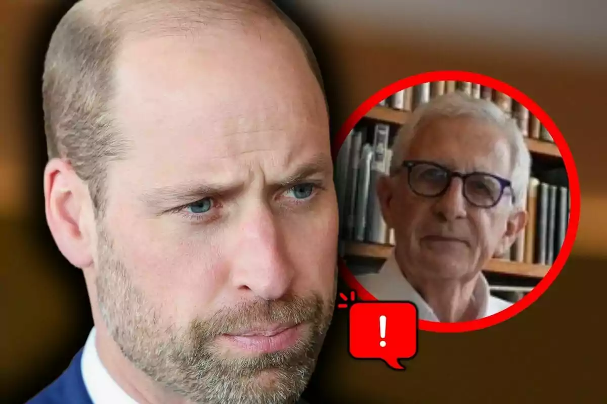 El príncipe Guillermo con expresión seria en primer plano con la imagen de un hombre mayor con gafas dentro de un círculo rojo, el cual es Robert Lacey, y un ícono de advertencia.