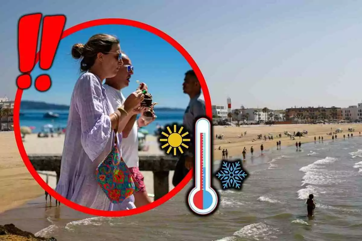 Persones a la platja gaudint del temps amb símbols de calor i fred i un termòmetre indicant variació de temperatura Persones a la platja gaudint del temps amb símbols de calor i fred i un termòmetre indicant variació de temperatura