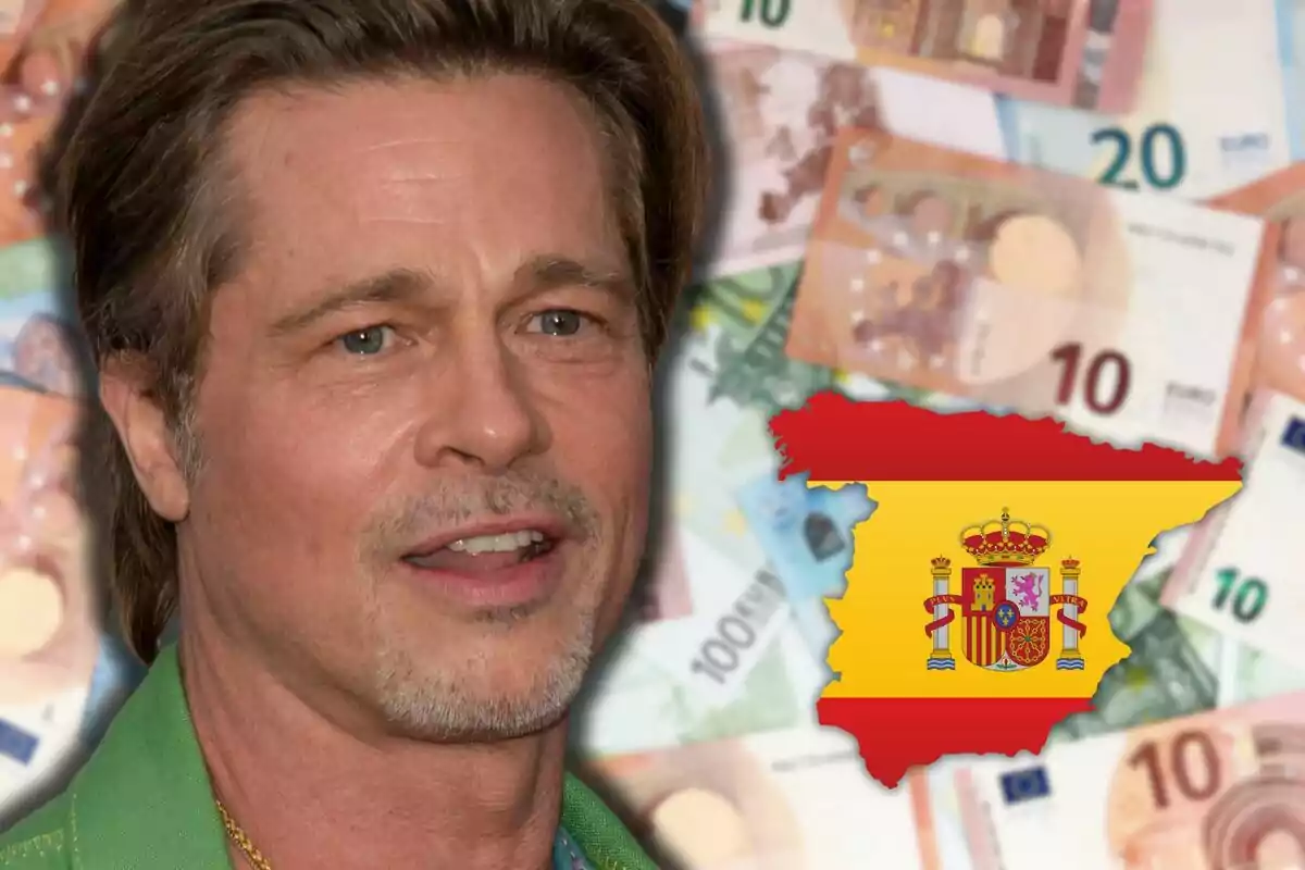 Brad Pitt davant de bitllets d’euro amb la silueta d’Espanya decorada amb la bandera nacional