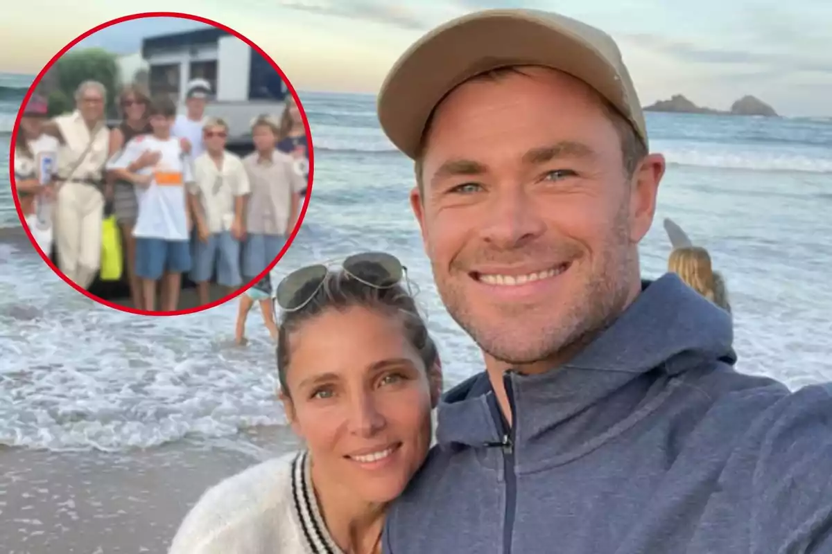 Muntatge amb Elsa Pataky i Chris Hemsworth, somrients a la platja, al costat d’una fotografia distorsionada d’ella amb familiars, situada a la cantonada superior esquerra