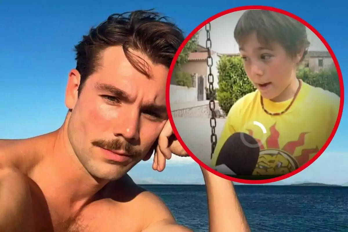 Home jove amb bigoti posant a l’aire lliure vora el mar amb una imatge circular superposada d’un nen fent una entrevista en un gronxador