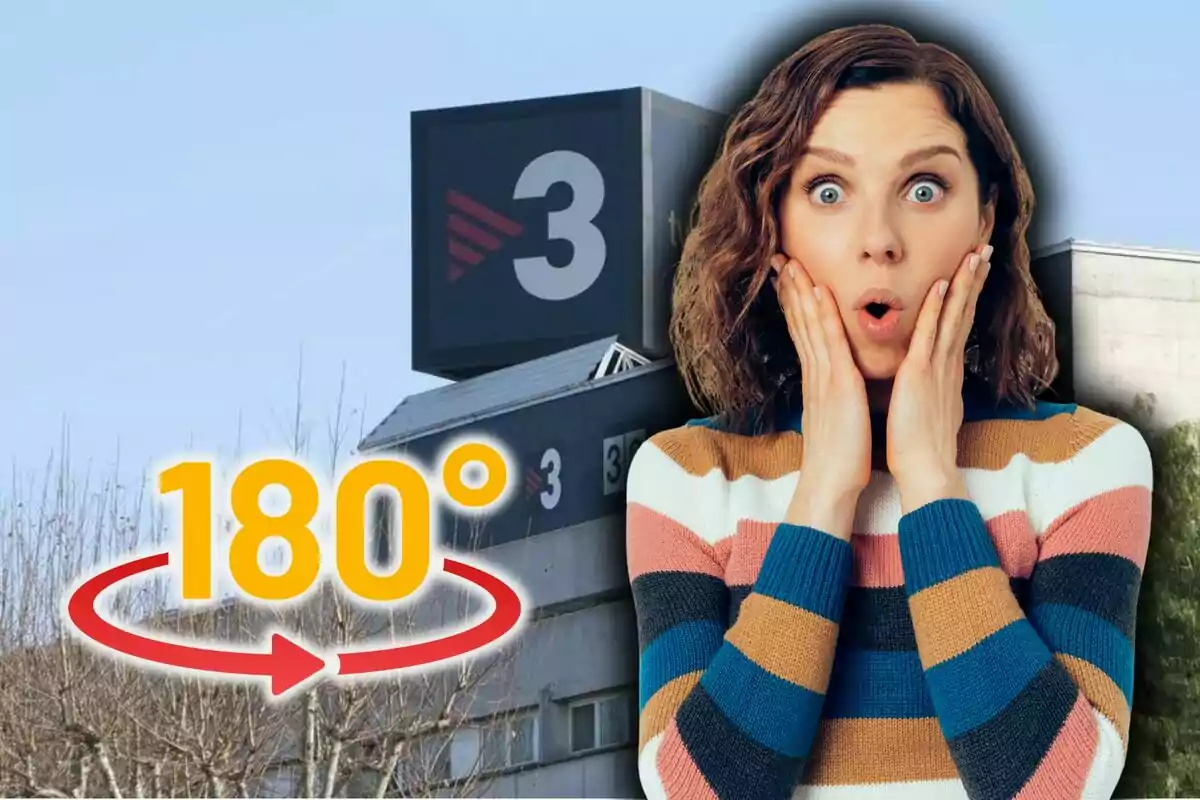 Dona sorpresa davant d’un edifici amb el logotip de TV3 i un gràfic de 180 graus amb una fletxa vermella