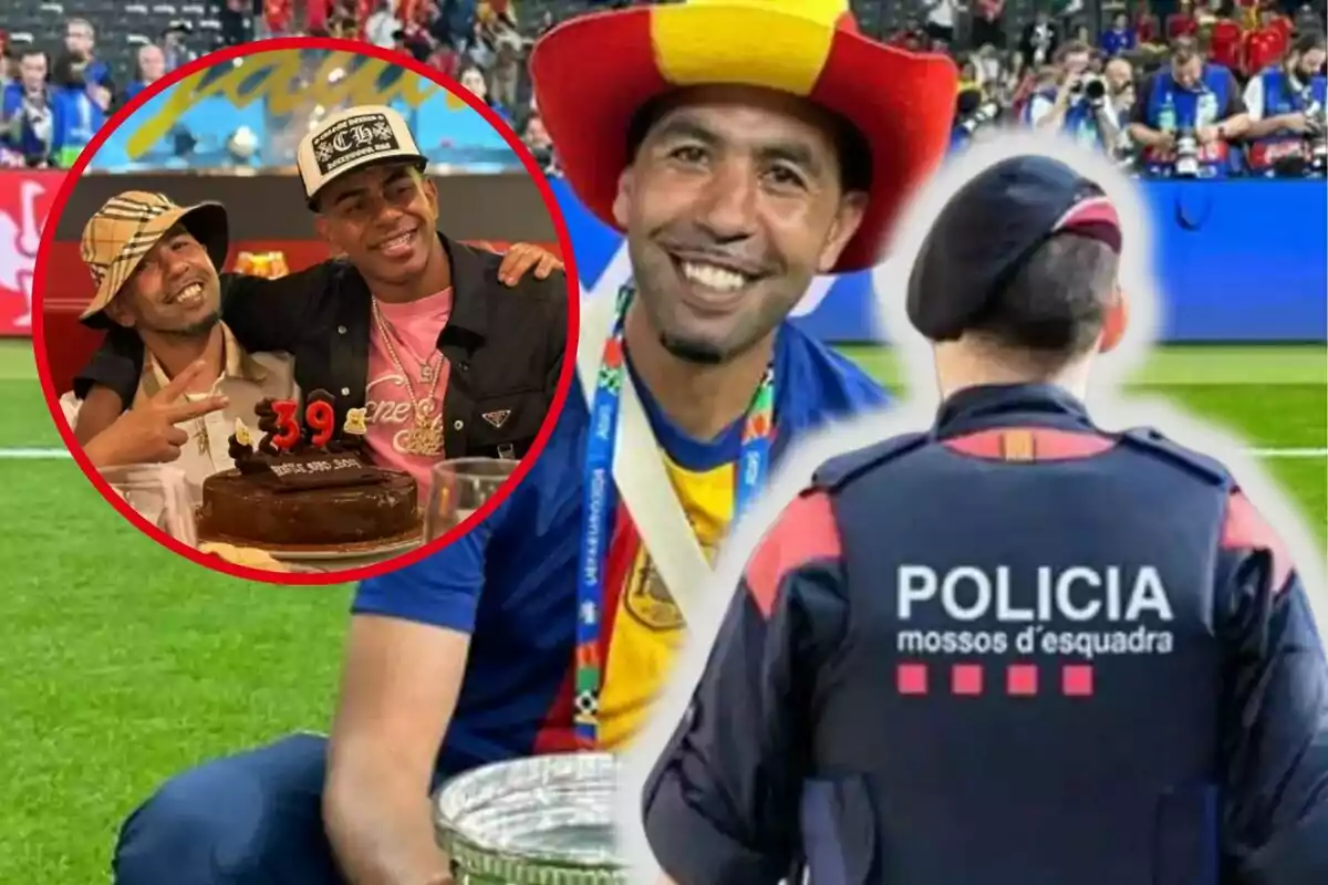 Un home somrient amb barret de colors i medalla és en un estadi al costat d’un policia d’esquena mentre en un cercle es veuen dues persones celebrant un aniversari amb un pastís que té el número 39.