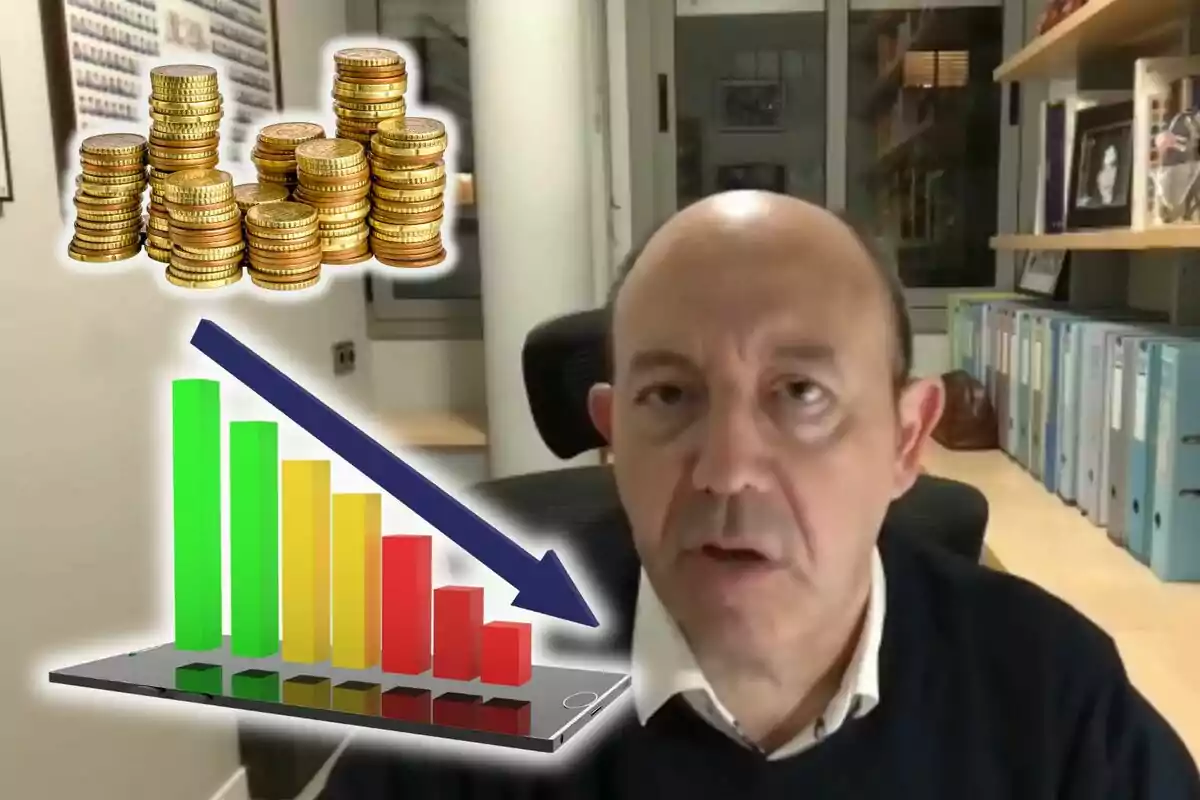 Hombre en una oficina con gráficos de monedas y una flecha descendente sobre una gráfica de barras de colores