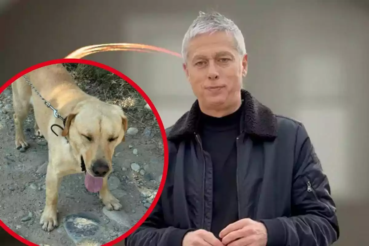 Hombre de cabello canoso con chaqueta oscura al frente y un perro marrón claro con correa dentro de un círculo rojo a la izquierda