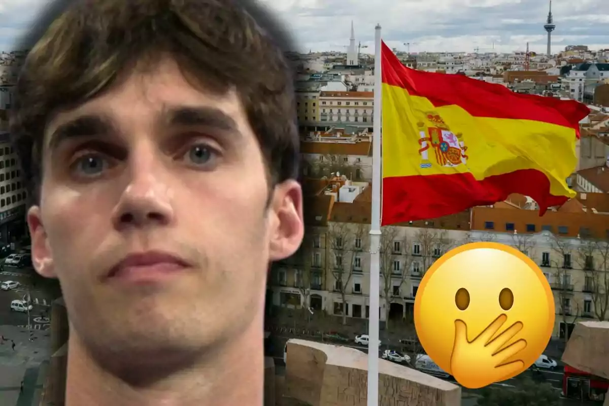 Primer plano de Pablo Urdangarin con expresión seria junto a una bandera de España ondeando y un emoji de sorpresa sobre una ciudad