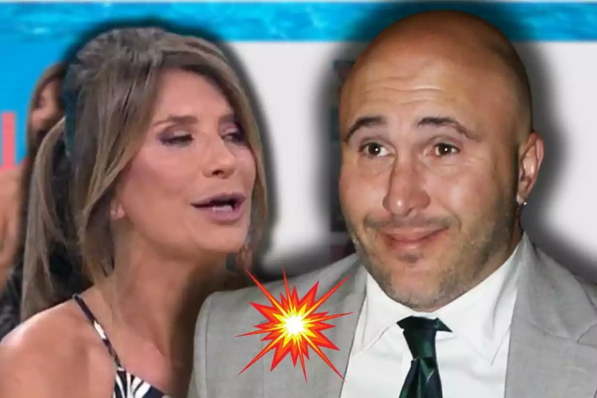 Gema López i Kiko Rivera apareixen en primer pla amb una explosió gràfica entre ells, tots dos amb expressions facials cridaneres sobre un fons desenfocat.