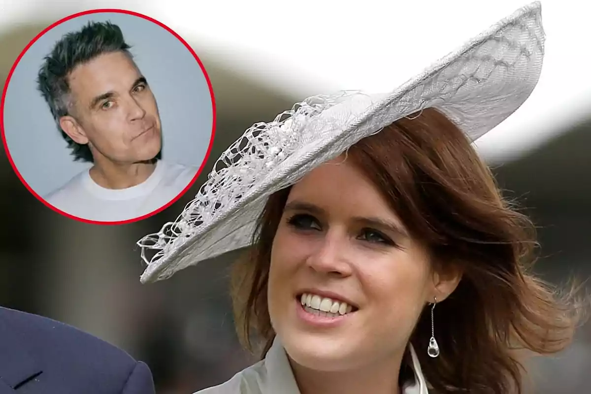 Montage featuring Eugenie of York, smiling and wearing an elegant white hat, and Robbie Williams with short hair inside a red circle in the top left corner