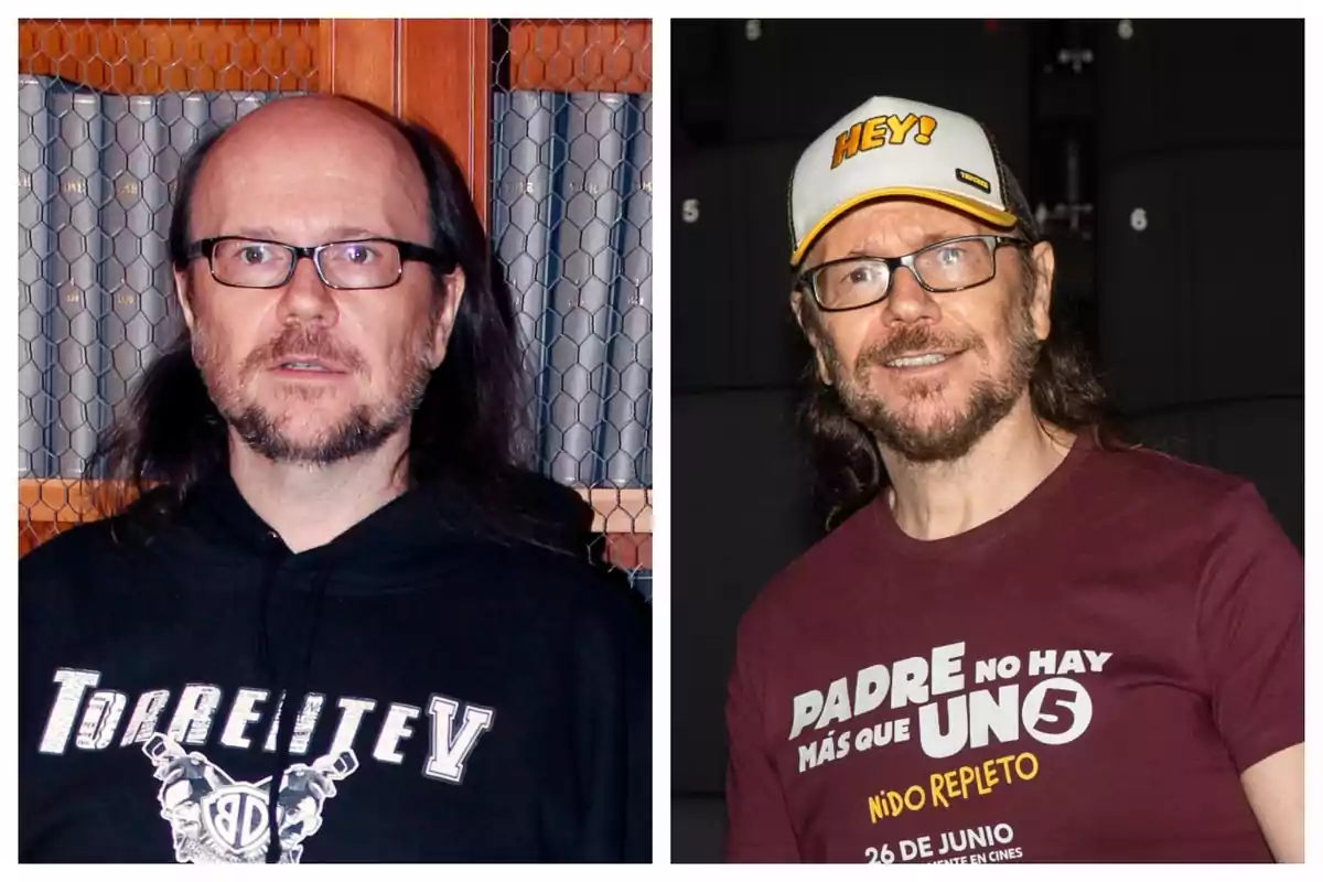 Comparación de Santiago Segura con gafas y barba en dos momentos diferentes, en la imagen de la izquierda lleva sudadera negra y en la derecha camiseta burdeos y gorra blanca. Comparación de Santiago Segura con gafas y barba en dos momentos diferentes, en la imagen de la izquierda lleva sudadera negra y en la derecha camiseta burdeos y gorra blanca.