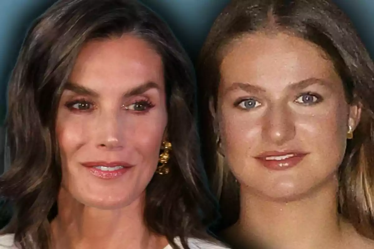 Dos mujeres de cabello castaño, que son la reina Letizia y Leonor de Borbón, posan juntas mirando hacia el frente con expresiones serenas y maquillaje natural. Dos mujeres de cabello castaño, que son la reina Letizia y Leonor de Borbón, posan juntas mirando hacia el frente con expresiones serenas y maquillaje natural.
