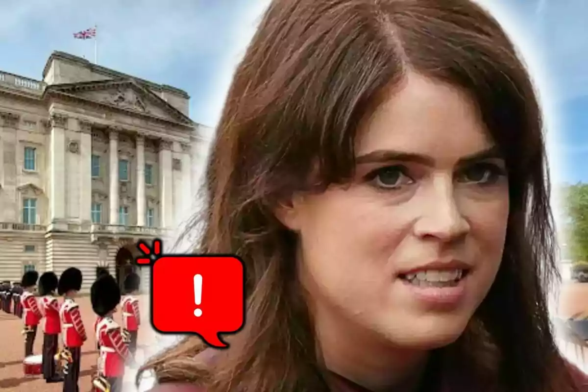 Muntatge de fotos d’Eugènia de York amb expressió seriosa en primer pla, al fons el Palau de Buckingham i guàrdies britànics, amb una icona d’advertència vermella sobre la imatge.