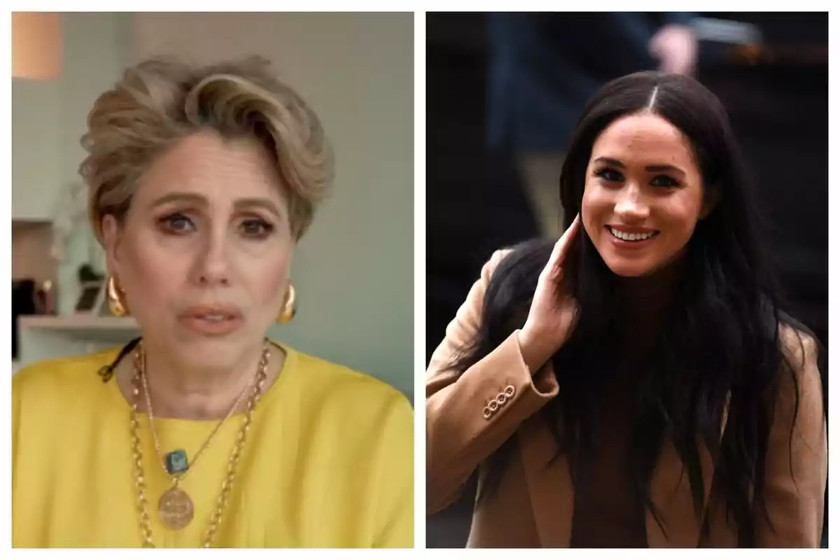 Dos mujeres aparecen en la imagen, una es Bis la Medium con cabello corto y rubio usando ropa amarilla y la otra es Meghan Markle cabello largo y oscuro sonriendo y usando un abrigo beige. Dos mujeres aparecen en la imagen, una es Bis la Medium con cabello corto y rubio usando ropa amarilla y la otra es Meghan Markle cabello largo y oscuro sonriendo y usando un abrigo beige.