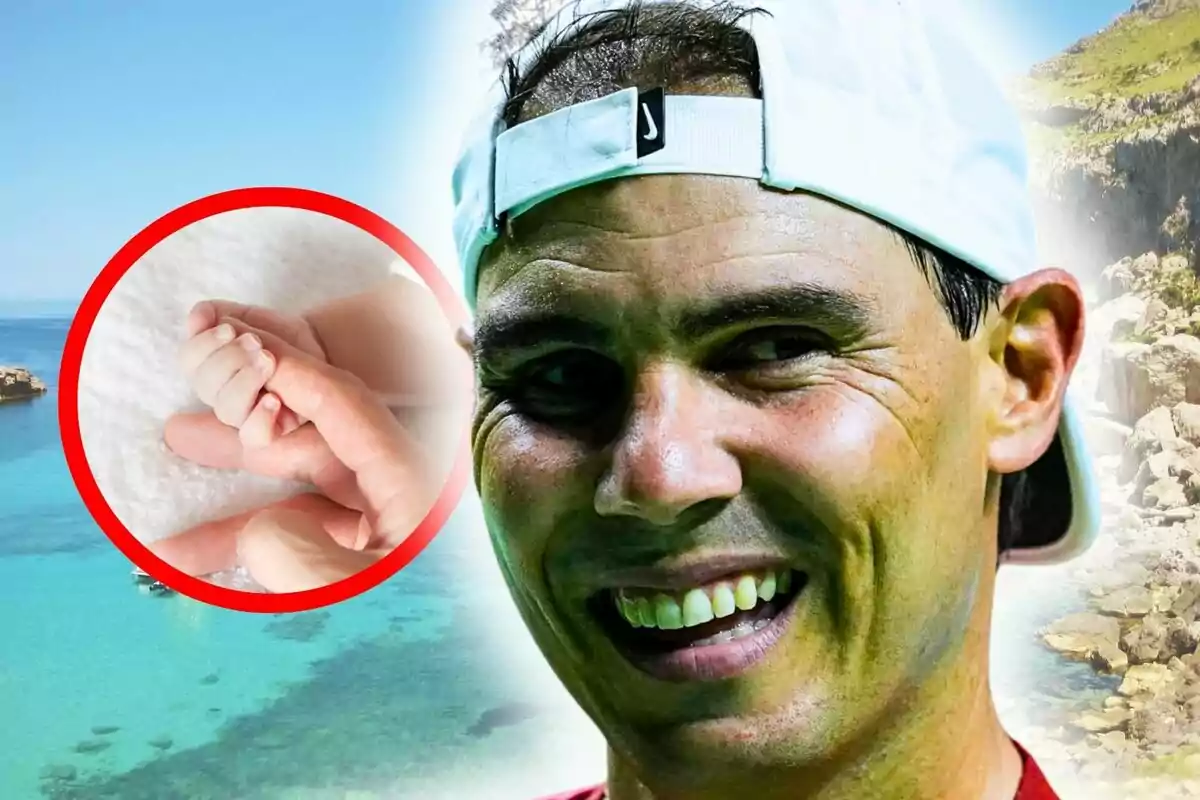 Photo montage of Rafa Nadal smiling with a white cap and a beach background, next to a red circle showing a baby's hand holding an adult's finger, with an image of a Mallorca beach in the background.