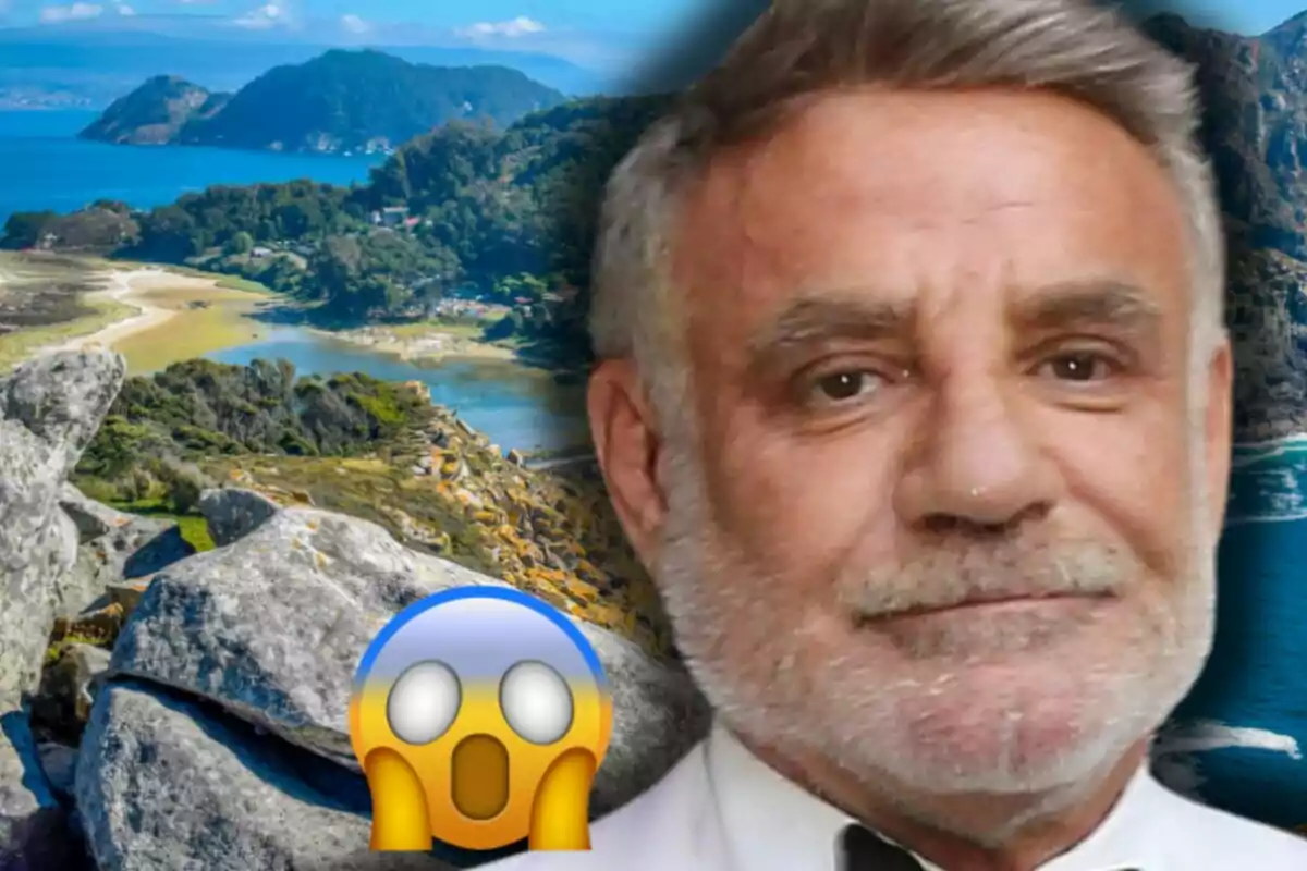 Joaquín Torres apareix en primer pla amb una expressió seriosa, al fons s’observa un paisatge de muntanyes i mar, al costat d’un emoji de sorpresa.
