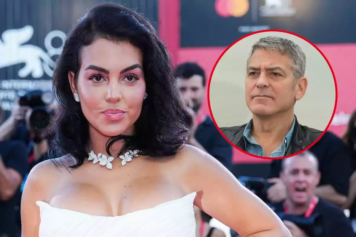 Montage featuring Georgina Rodríguez in a white dress posing on a red carpet, and George Clooney, serious and inside a red circle