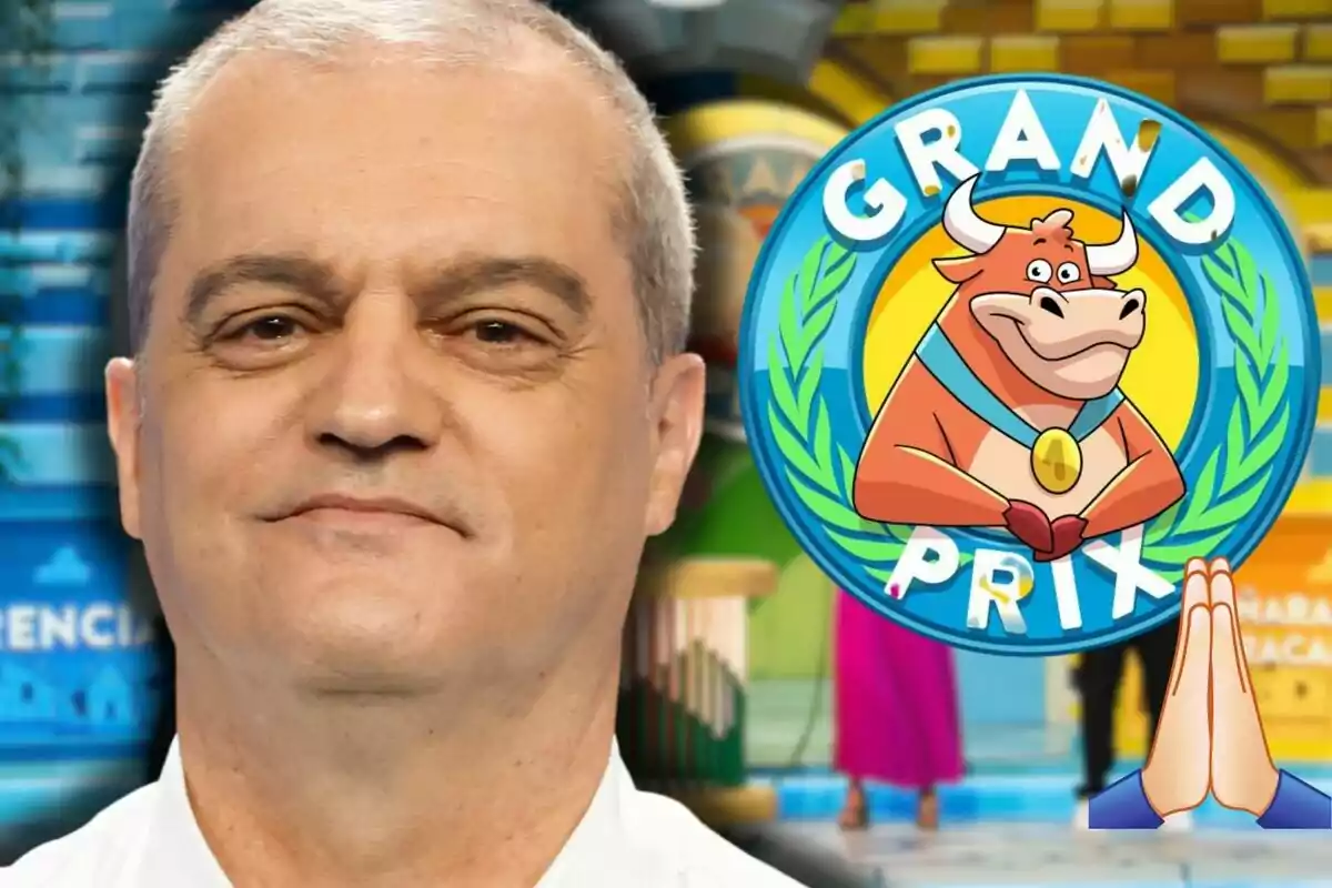 Ramón García somrient al costat del logotip del programa Grand Prix amb una vaca caricaturitzada i un emoji de mans en senyal d’agraïment