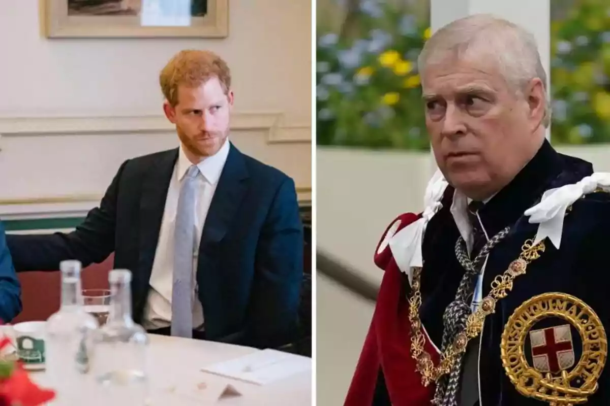 Two men, one in a suit sitting at a table and the other in ceremonial attire with a serious expression. Two men, one in a suit sitting at a table and the other in ceremonial attire with a serious expression.