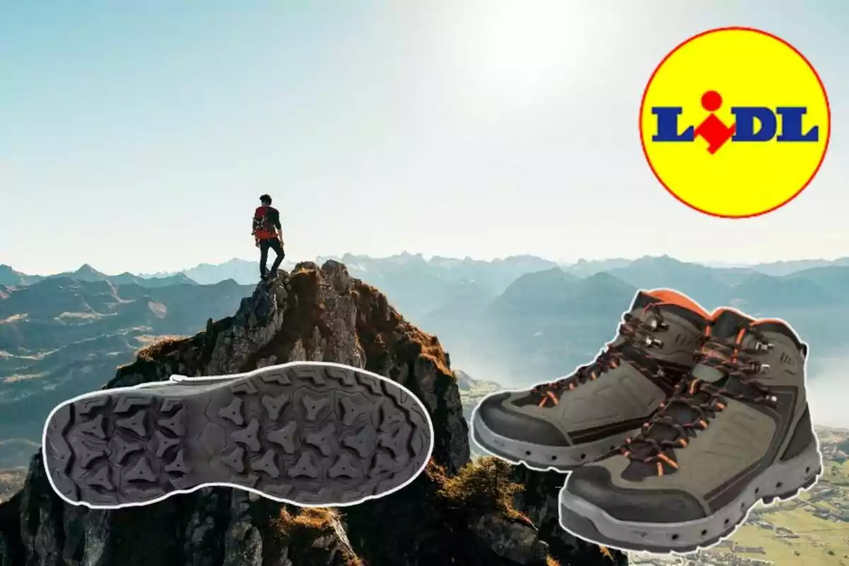 Persona de pie en la cima de una montaña con botas de senderismo y suela en primer plano junto al logo de Lidl en la esquina superior derecha Persona de pie en la cima de una montaña con botas de senderismo y suela en primer plano junto al logo de Lidl en la esquina superior derecha