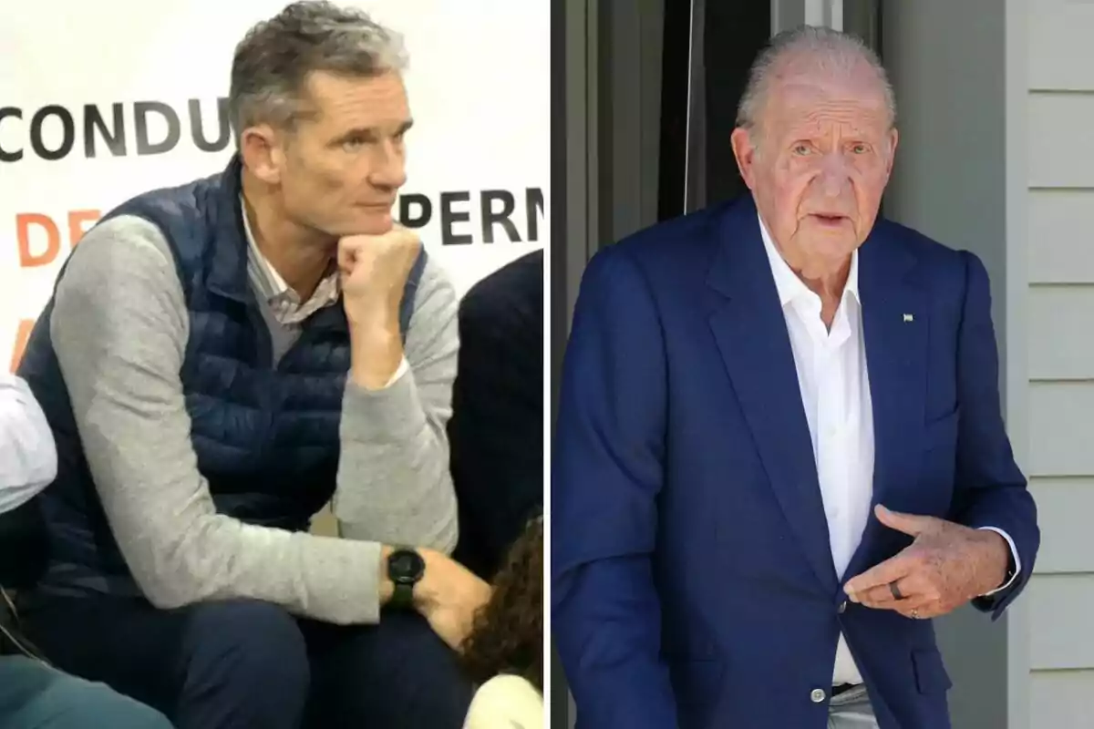 Iñaki Urdangarin i Joan Carles I apareixen en una imatge dividida, un assegut amb la mà a la barbeta i l’altre dret amb jaqueta blava. Iñaki Urdangarin i Joan Carles I apareixen en una imatge dividida, un assegut amb la mà a la barbeta i l’altre dret amb jaqueta blava.
