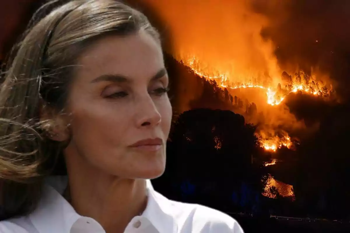 Queen Letizia with a serious expression in the foreground and a forest fire in the background
