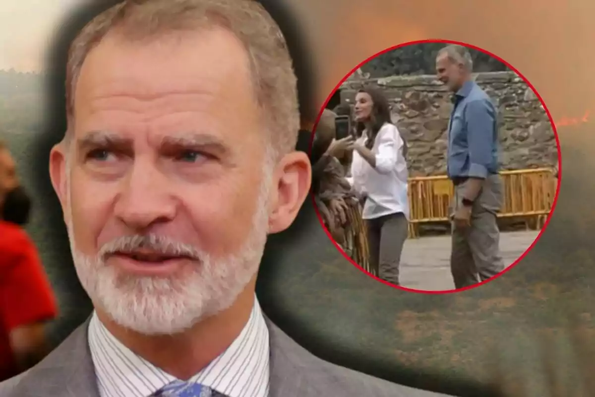 Close-up of Felipe VI with a blurred background and a circle showing him and Queen Letizia interacting with the public in an outdoor setting