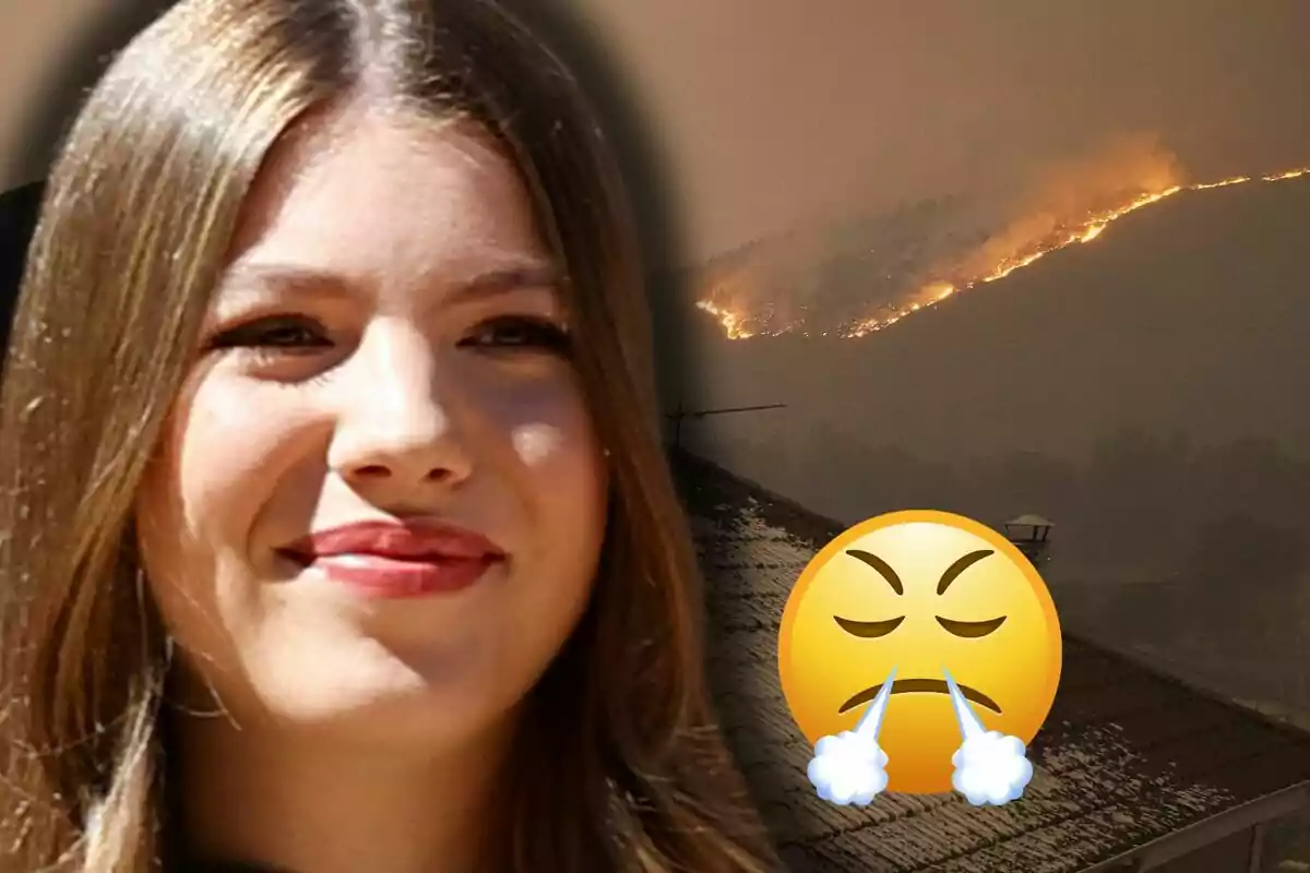 La infanta Sodía sonriente en primer plano, al fondo un incendio forestal en una colina y un emoji de enojo con vapor saliendo de la nariz.