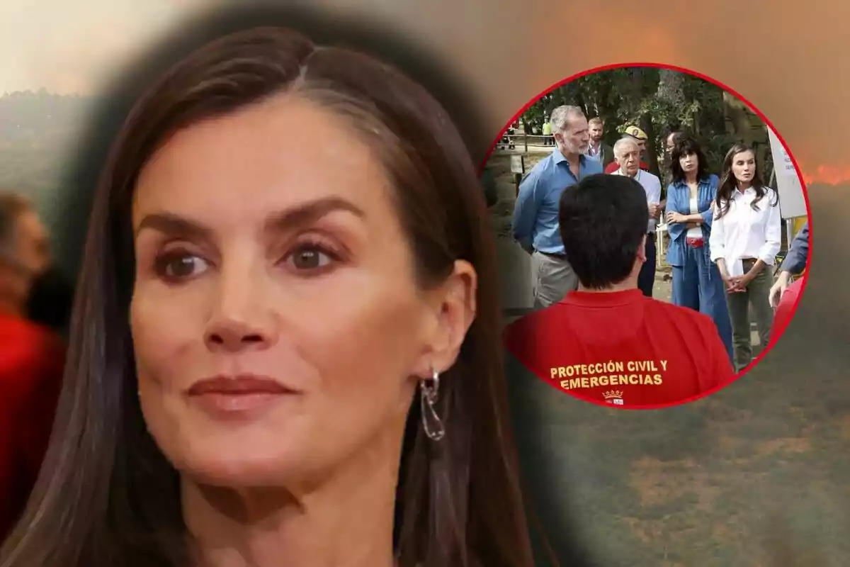 Close-up of Queen Letizia with a serious expression, and in the background, a circle shows several people talking with civil protection and emergency personnel in an outdoor setting.