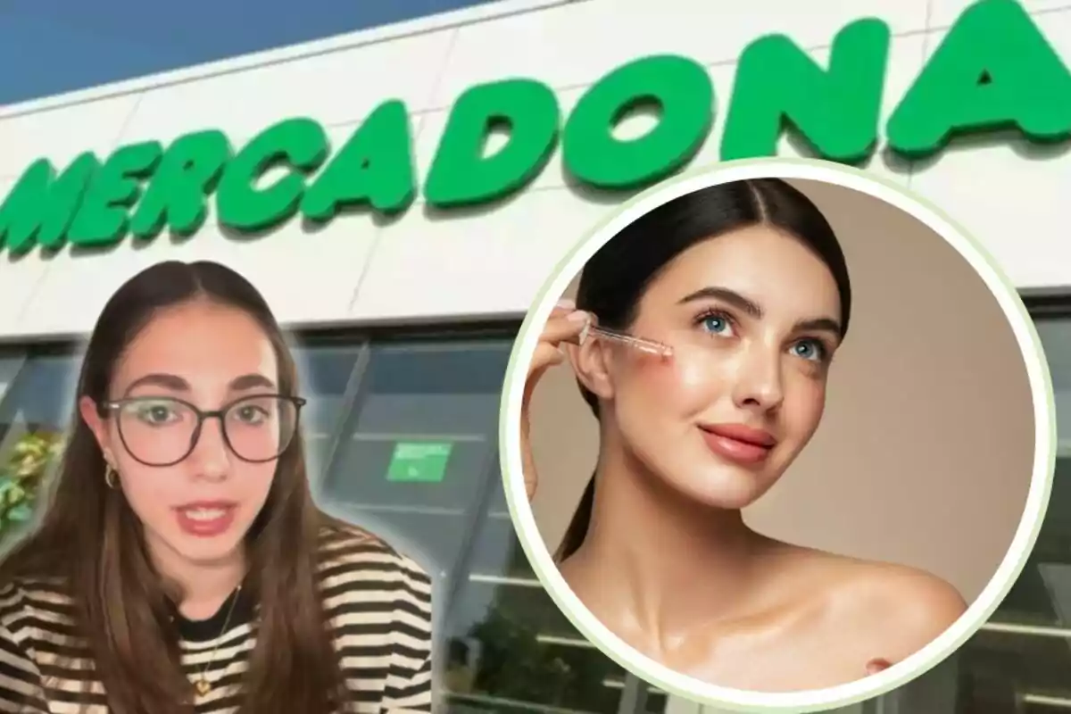 Una mujer con gafas y camiseta de rayas frente a un supermercado Mercadona y un recuadro con una mujer aplicándose un producto facial con un gotero.