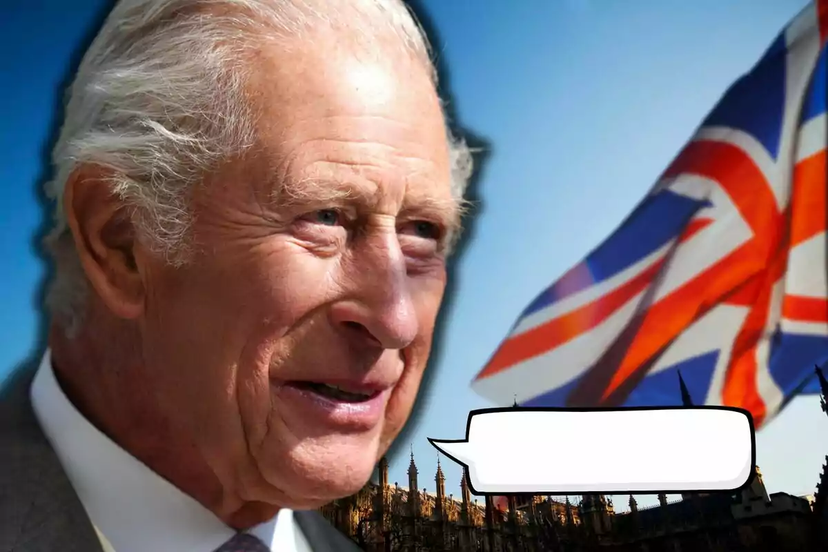 Charles III in the foreground with a United Kingdom flag in the background and an empty speech bubble at the bottom