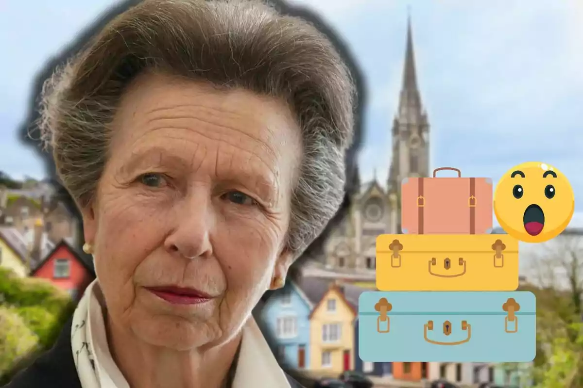 La princesa Anna d’expressió seriosa amb un fons de cases de colors i una església, al costat d’il·lustracions de maletes apilades i una carona sorpresa