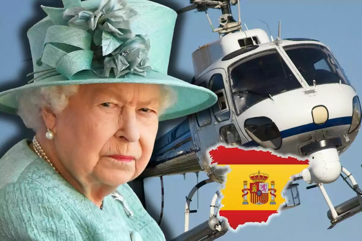 Isabel II amb barret verd clar davant d’un helicòpter i un mapa d’Espanya amb la bandera espanyola