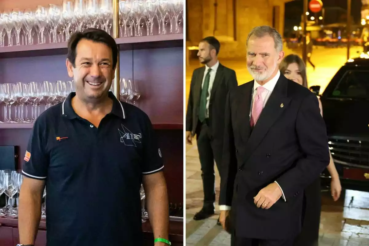 Jaime Anglada i Felip VI posen en diferents ambients, l’un en un lloc interior amb copes de vidre i l’altre en un esdeveniment nocturn a l’aire lliure amb persones i un cotxe de fons. Jaime Anglada i Felip VI posen en diferents ambients, l’un en un lloc interior amb copes de vidre i l’altre en un esdeveniment nocturn a l’aire lliure amb persones i un cotxe de fons.